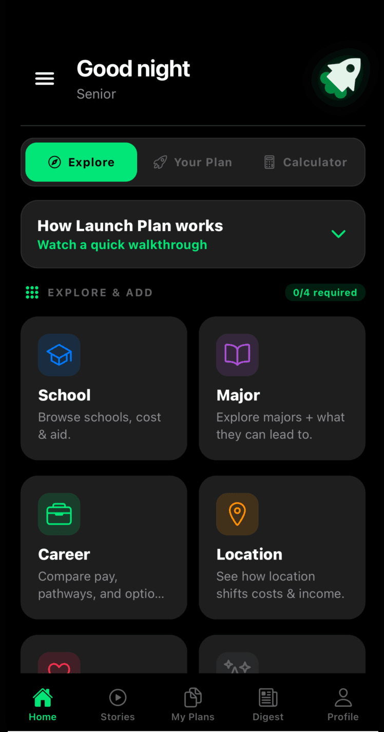 Home — Explore screen
